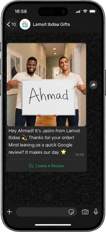 Phone showing an automated, personalized WhatsApp review request message