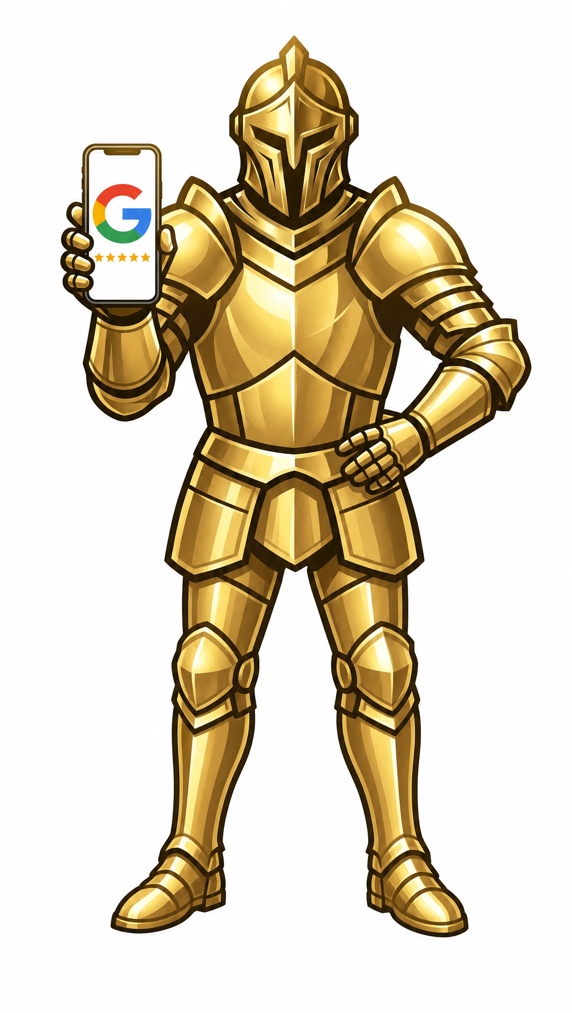 Golden knight in full armor holding a phone showing a 5-star Google review